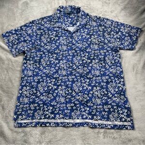 VTG Polo Ralph Lauren Polo Men XL Floral Johnny Collar Blue S/S Shirt Cuban Blue